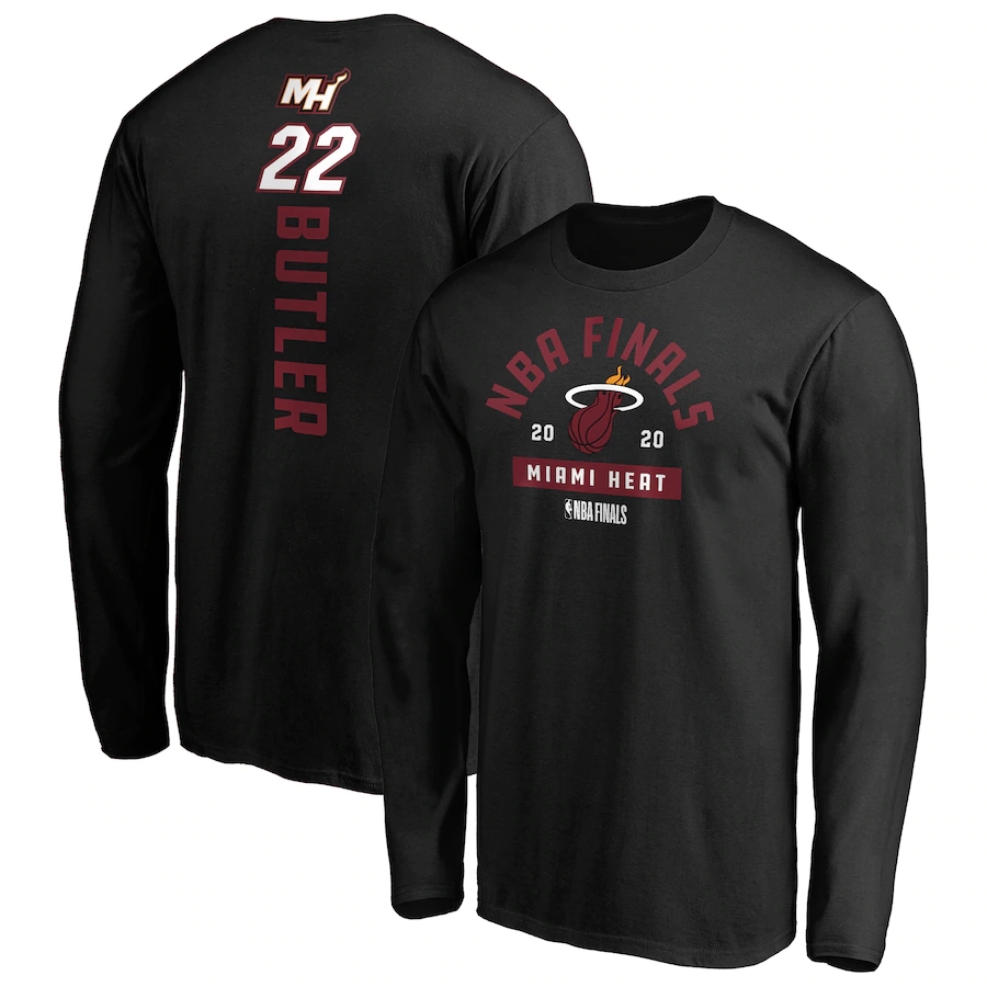 Men's Miami Heat 2020 Black #22 Jimmy Butler Finals Bound Name & Number Long Sleeve T-Shirt